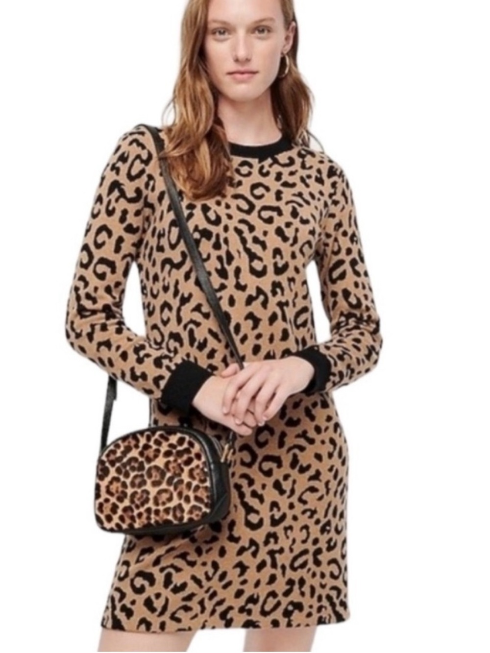 J. Crew Camel/Black Leopard Print Sweater Dress Size Medium - Picture 5 of 12